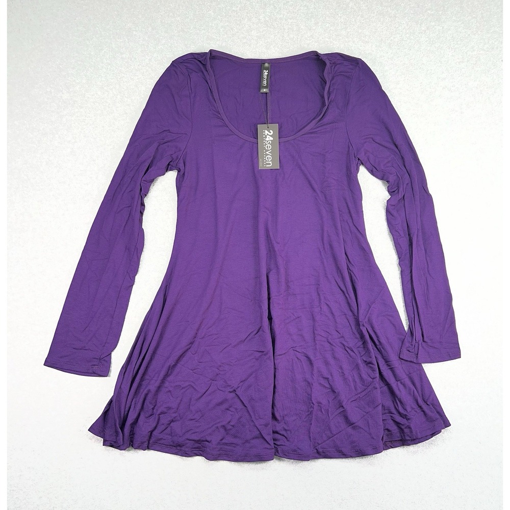 24Seven Comfort Apparel Tunic Top Medium Purple 3/4 Sleeve Wide Flowy Bottom